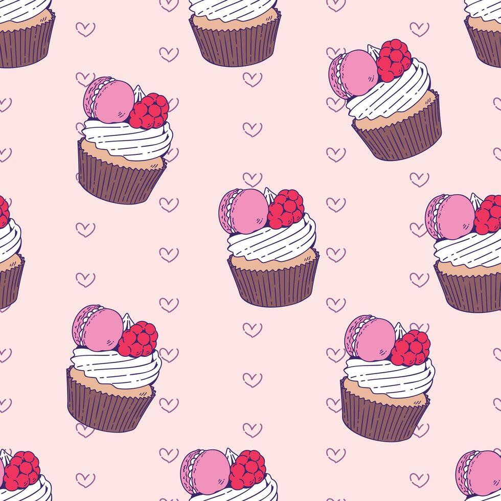 Seamless pattern of cute sweet cupcake. Pink cupcakes and macarons. Pattern for fabric and wrapping paper, Pattern for design wallpaper and fashion prints. vector