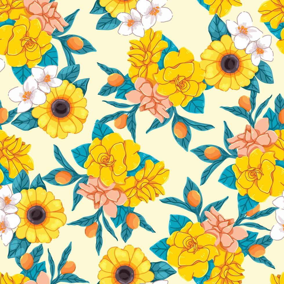 Seamless pattern of flowers, Yellow and blue green tone background, Modern floral pattern, Vintage floral background, Pattern for design wallpaper, Gift wrap paper and fashion prints. vector
