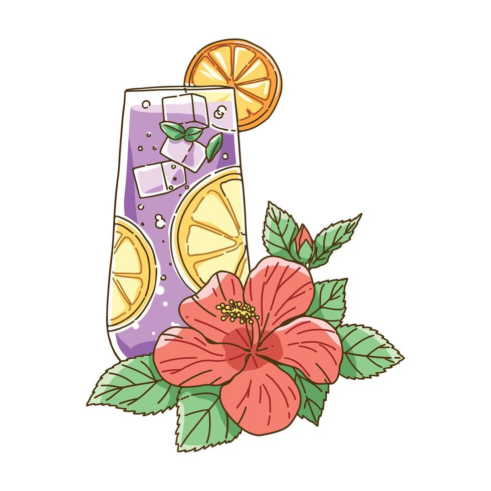 Tropical drink and hibiscus flower illustration, Hand drawing of a summer drink on white background. vector