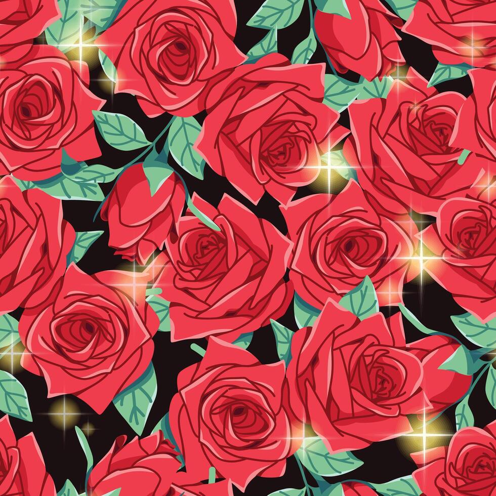 Seamless pattern of red roses and gold sparkles. Modern floral pattern, Vintage floral background, Pattern for design wallpaper, Gift wrap paper and fashion prints. vector