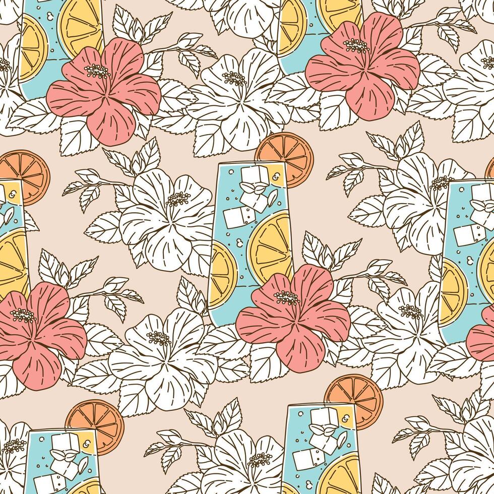 Seamless pattern of cocktail drinks and hibiscus flower, Modern floral pattern , Vintage floral background, Pattern for design wallpaper, Floral print design, Gift wrap paper and fashion prints. vector