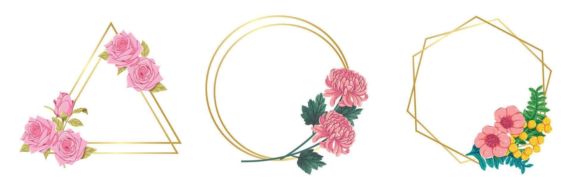 Flower with golden luxury frame. Suitable for frame wedding invitation cards template. Nature illustration. vector