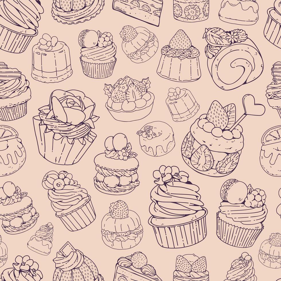 Seamless pattern of dessert line art. Dessert Food Hand Drawn Doodle Seamless Pattern Background. Pattern for fabric and wrapping paper, Pattern for design wallpaper and fashion prints. vector