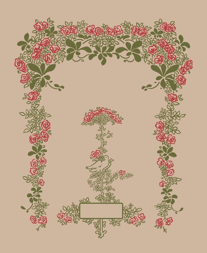 rose and leaves art background Frame floral in art nouveau style vector