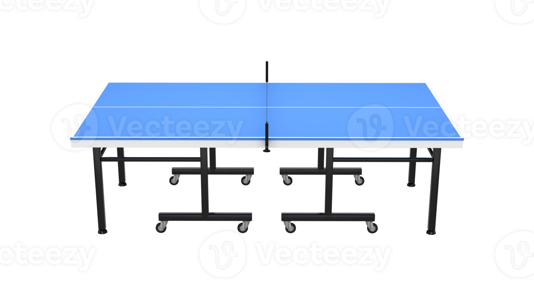 Blue table tennis table with a net, white boundary lines and a black frame on wheels 3D Illustration png