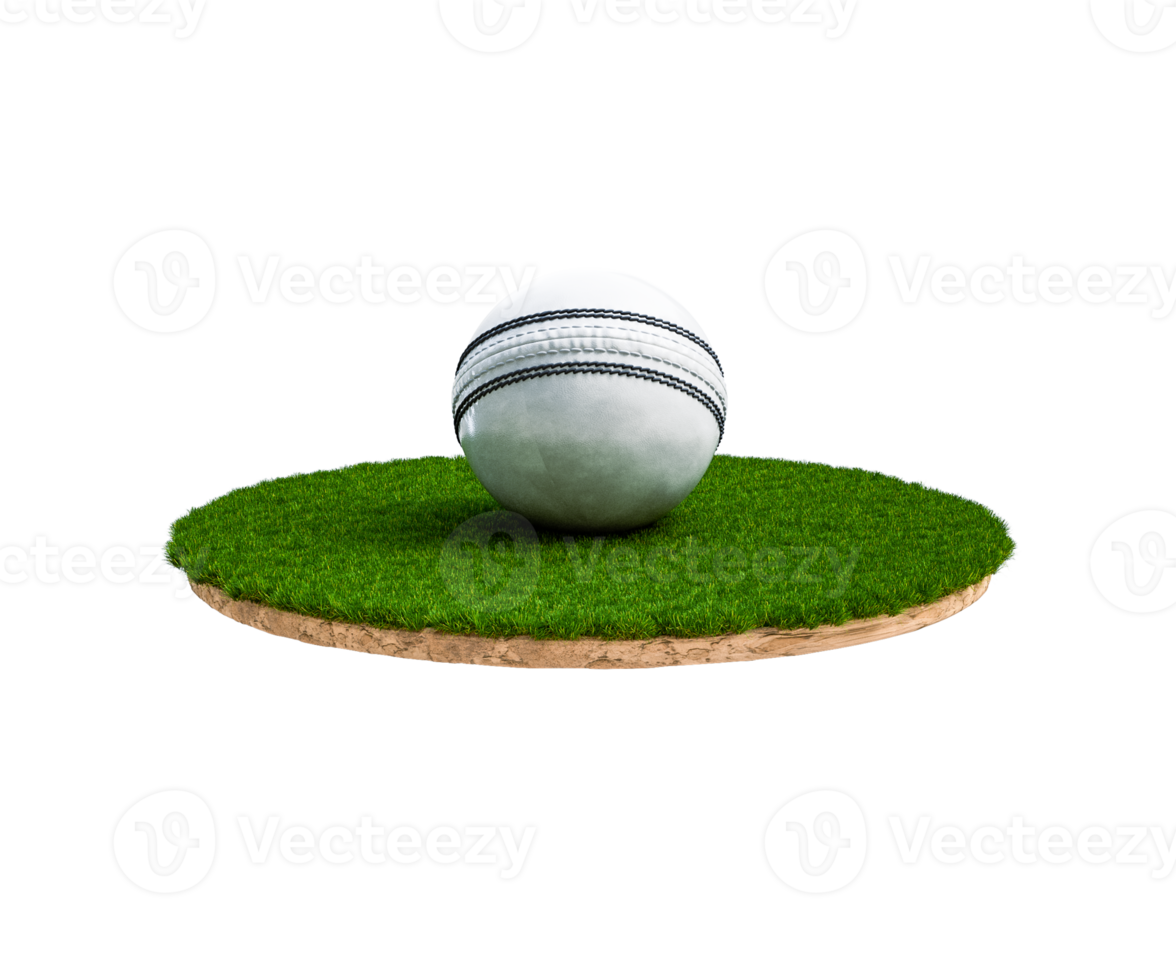 3D White Leather Stitched ODI Cricket Ball With Rounded Green Grass Ground Field 3D Illustration png