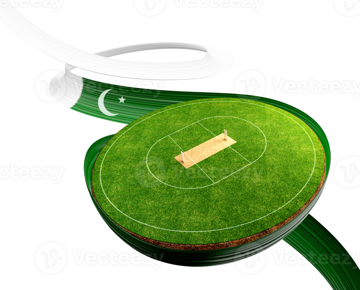 3d Wavy Ribbon Flag Of Pakistan With Cricket Stadium Grass Cricket Pitch Game Field 3d Illustration png