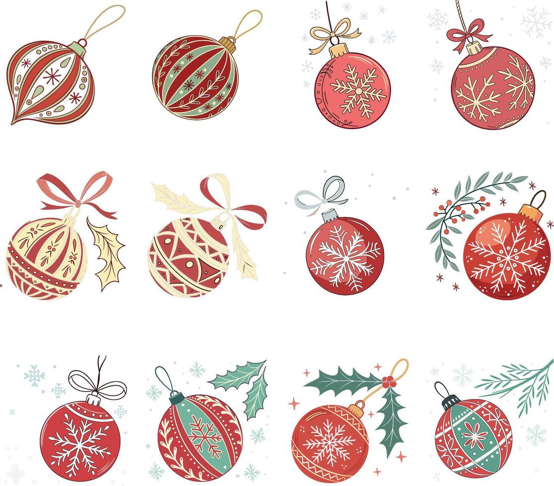 Collection of colorful illustrations of various Christmas ornaments with unique patterns and designs. Concept of holiday decoration, festive coloring, Christmas craft templates. Set vector