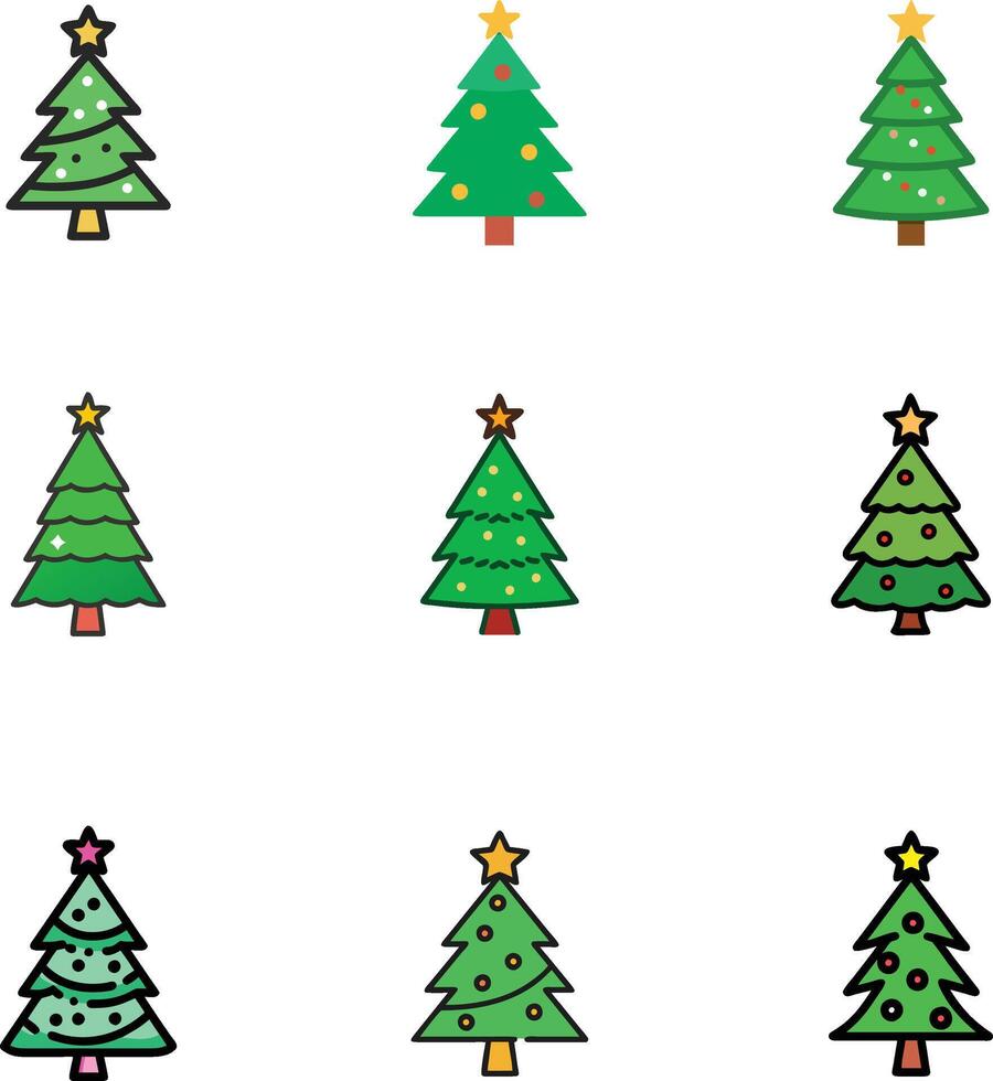 New Year set with christmas trees. Evergreen trees with balls, stars and garlands. Fir trees for Christmas. vector
