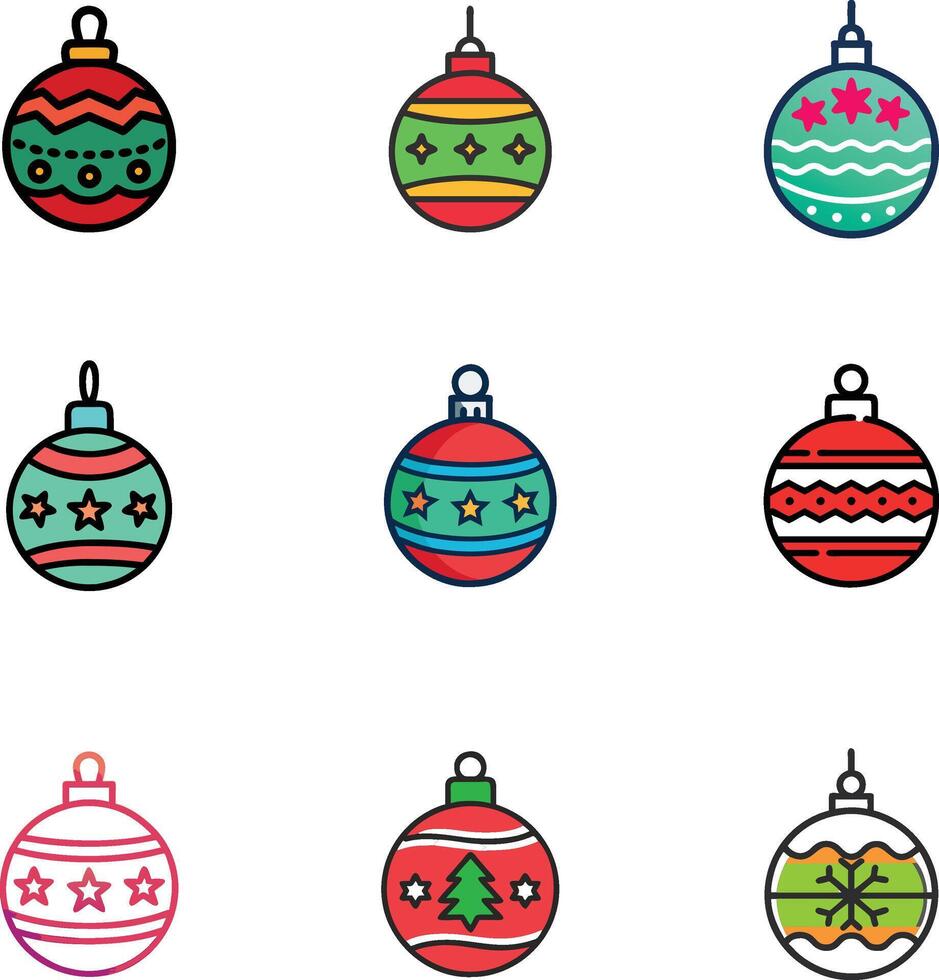 Christmas Ornaments with snowflakes line icon.Set of simple christmas balls isolated on white background. Christmas decoration.Christmas and New Year seamless banner or border. vector