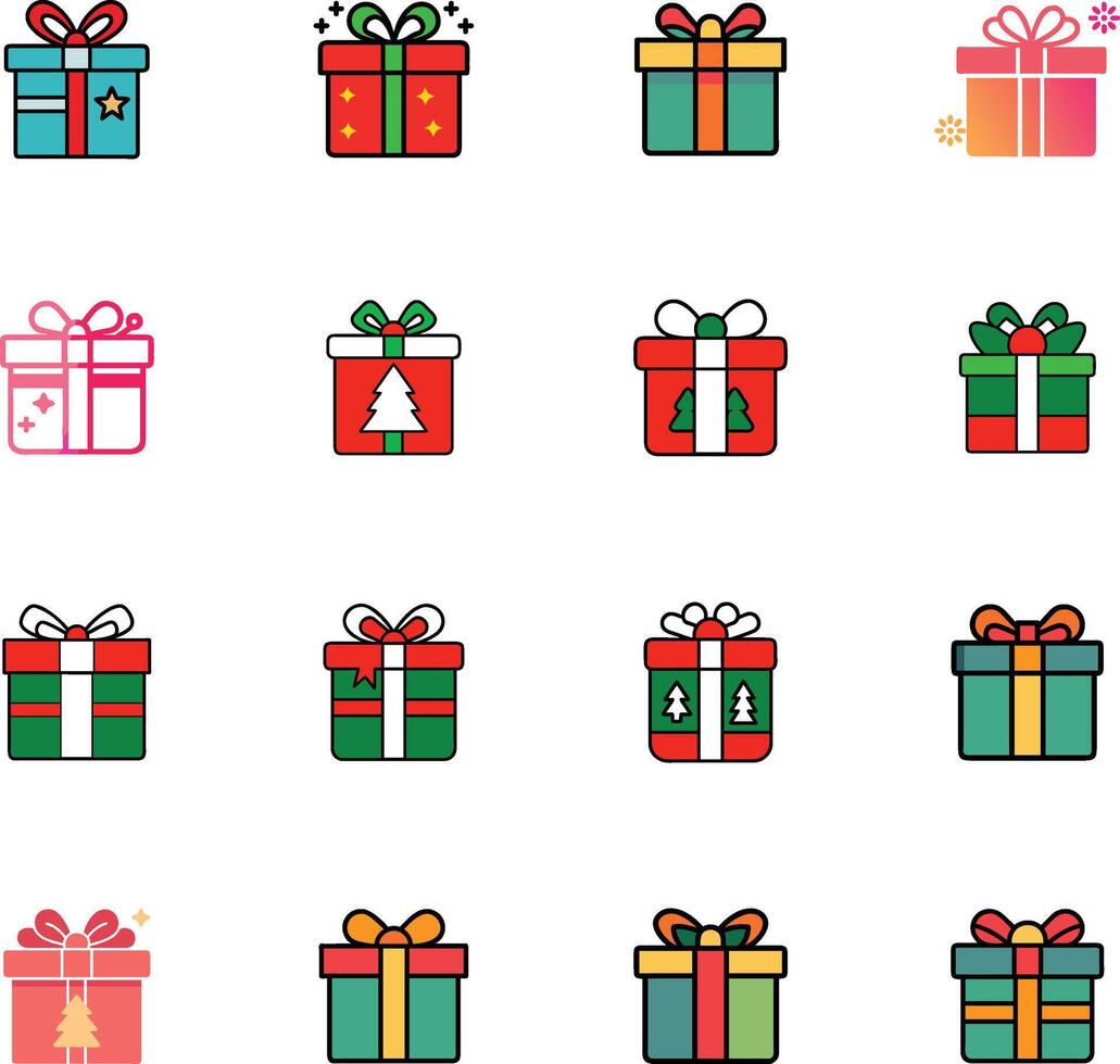 Set Of Christmas Gift Box Present Icons. Perfect Pixel Gift Box icon collection. Pixel Art Christmas Gift Box signs and icons in retro game style. Editable pixel graphics gift boxes set. vector