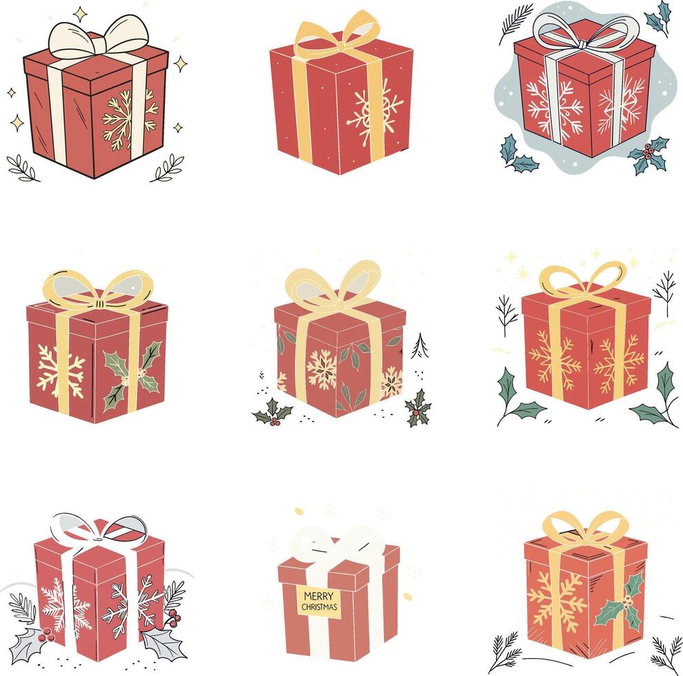 Christmas Gift box set illustration, Xmas gift box collection red color on white background vector