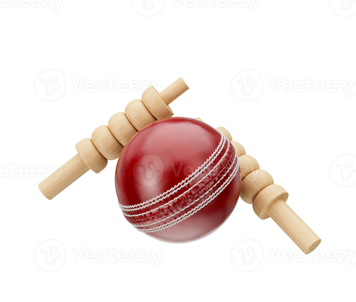Shiny Red Leather Stitched Test Cricket Ball With Two Wicket Bails 3D Illustration png