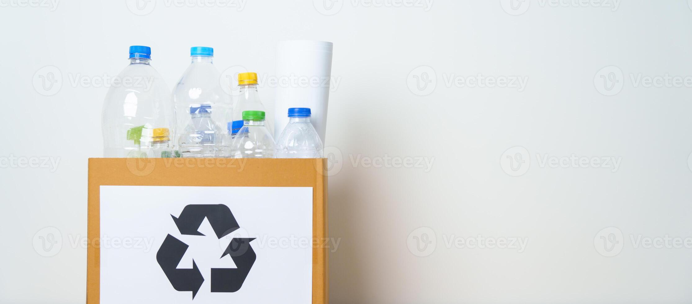 Plastic bottle in paper box at home or office. Recycle garbage Sorting. Plastic Free, Ecology, Environmental, pollution, Dispose recycling, waste management and trash Separation concept photo