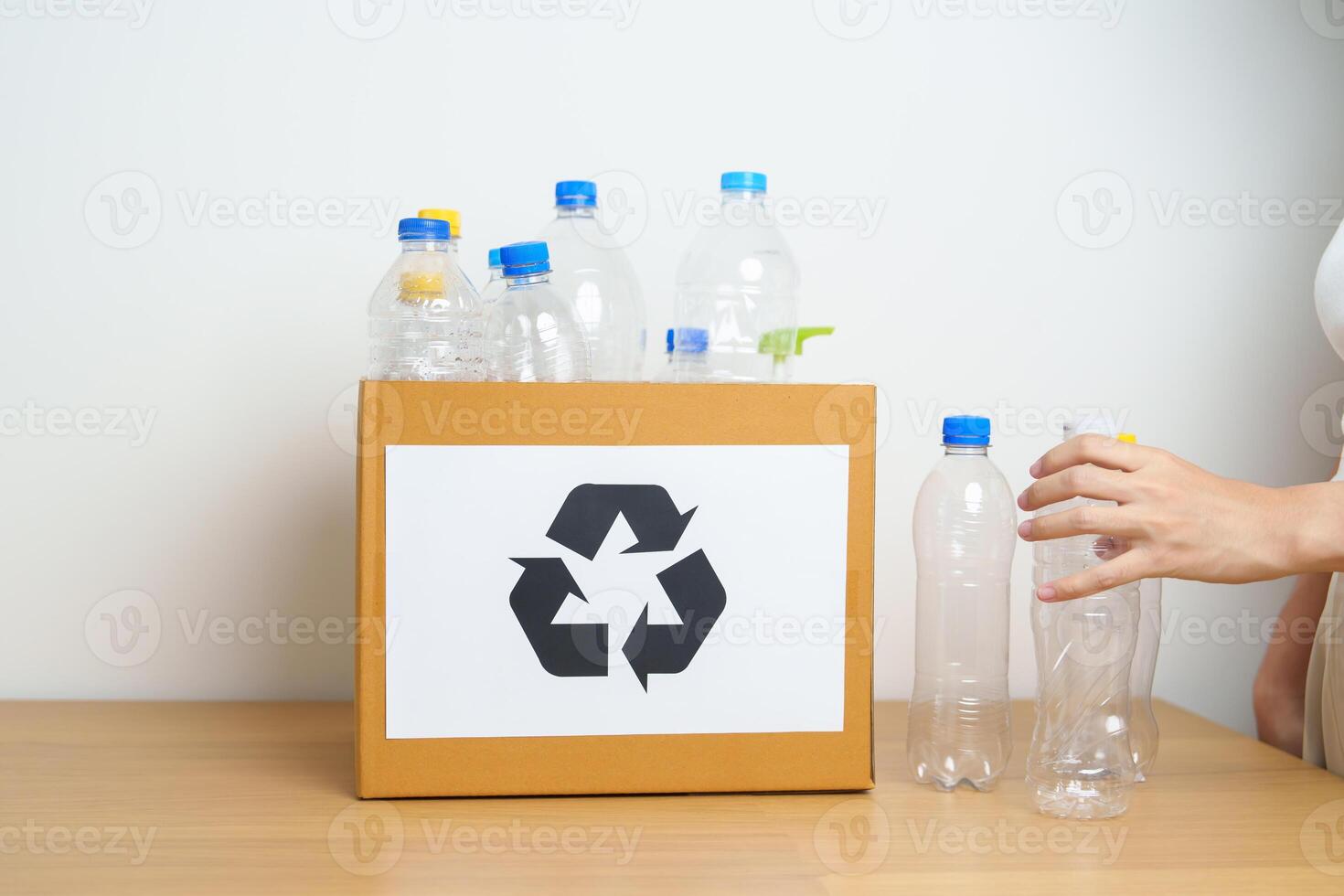 Volunteer keep plastic bottle into paper box at home or office. Hand Sorting Recycle garbage. Ecology, Environmental, pollution, Dispose recycling, waste management and trash Separation concept photo