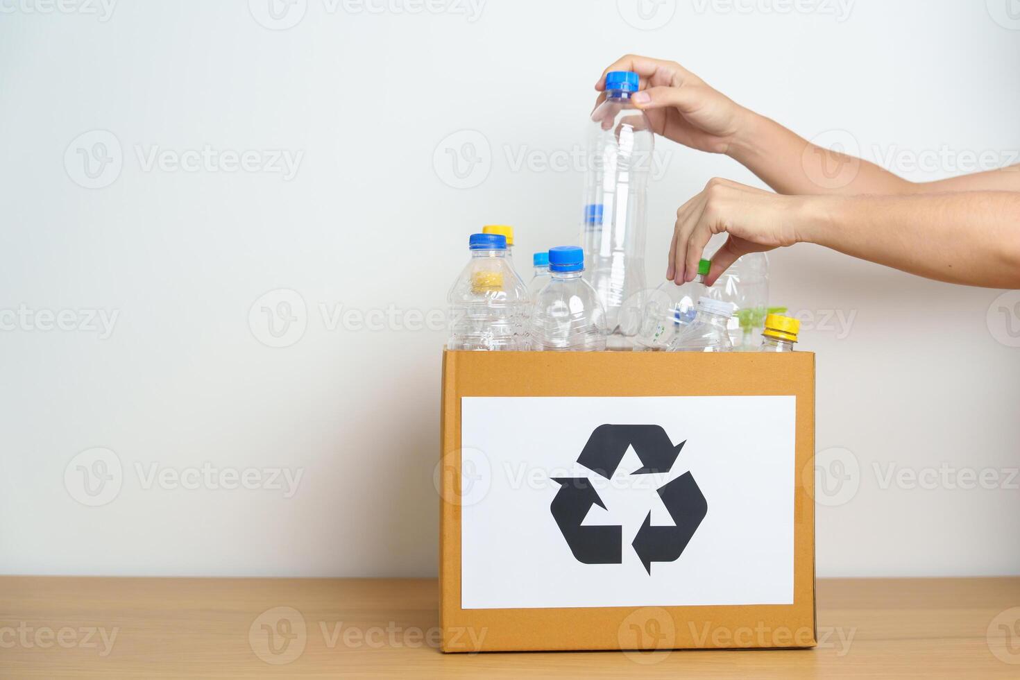 Volunteer keep plastic bottle into paper box at home or office. Hand Sorting Recycle garbage. Ecology, Environmental, pollution, Dispose recycling, waste management and trash Separation concept photo