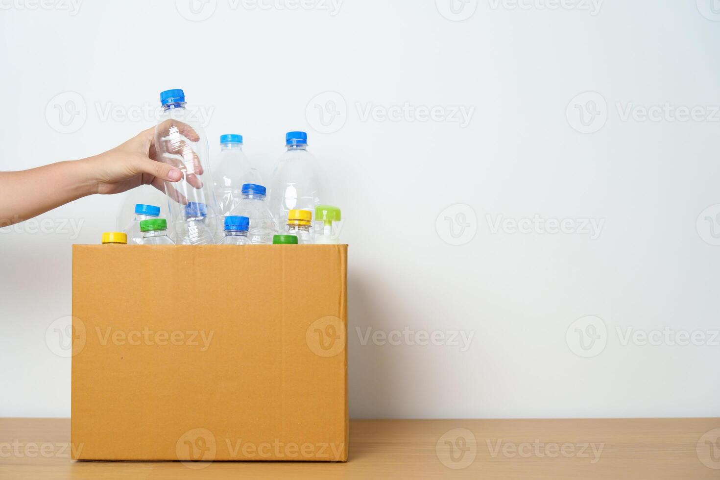 Volunteer keep plastic bottle into paper box at home or office. Hand Sorting Recycle garbage. Ecology, Environmental, pollution, Dispose recycling, waste management and trash Separation concept photo