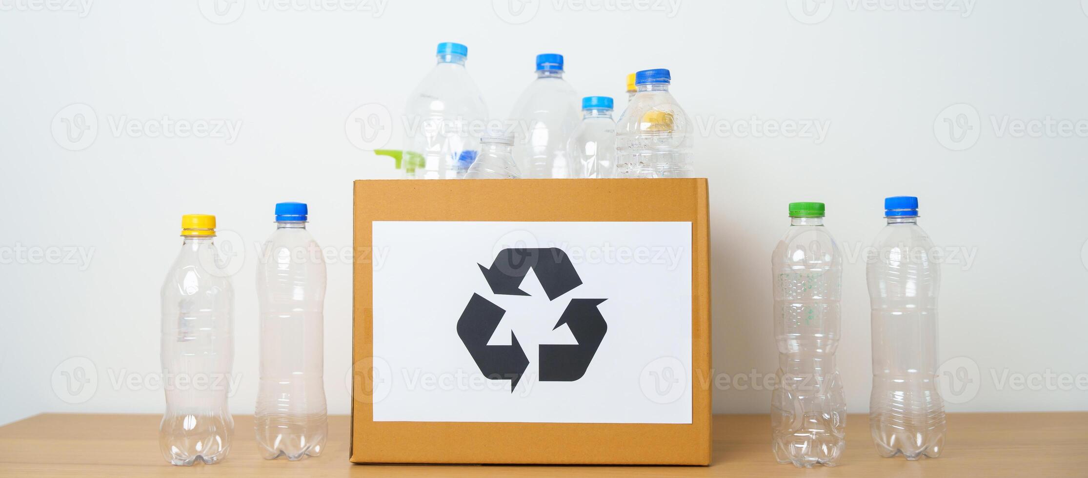 Plastic bottle in paper box at home or office. Recycle garbage Sorting. Plastic Free, Ecology, Environmental, pollution, Dispose recycling, waste management and trash Separation concept photo