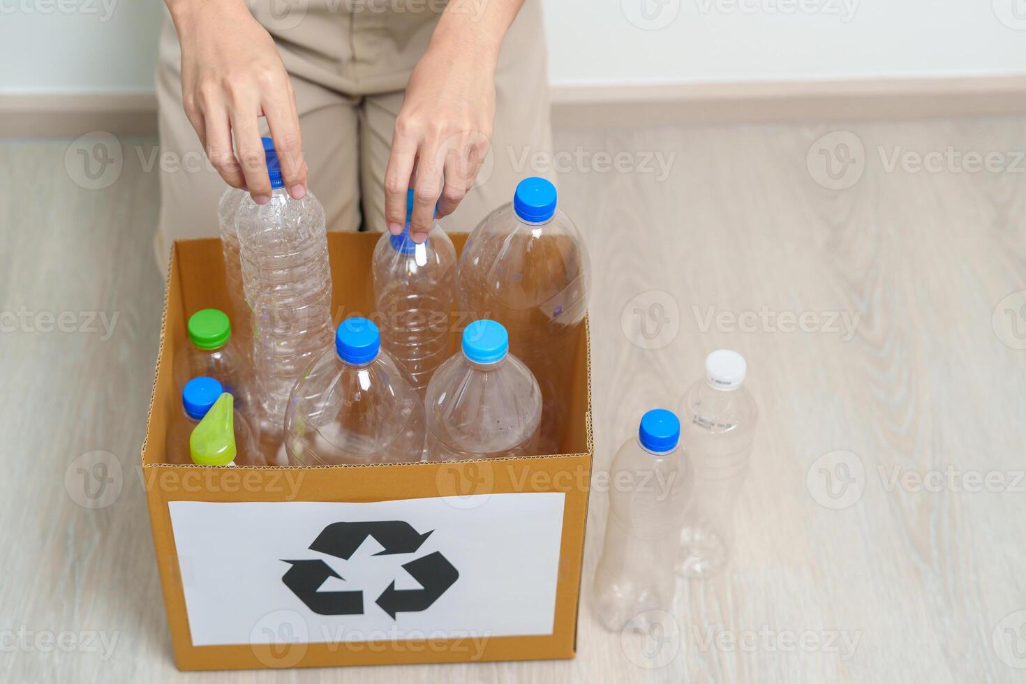 Volunteer keep plastic bottle into paper box at home or office. Hand Sorting Recycle garbage. Ecology, Environmental, pollution, Dispose recycling, waste management and trash Separation concept photo