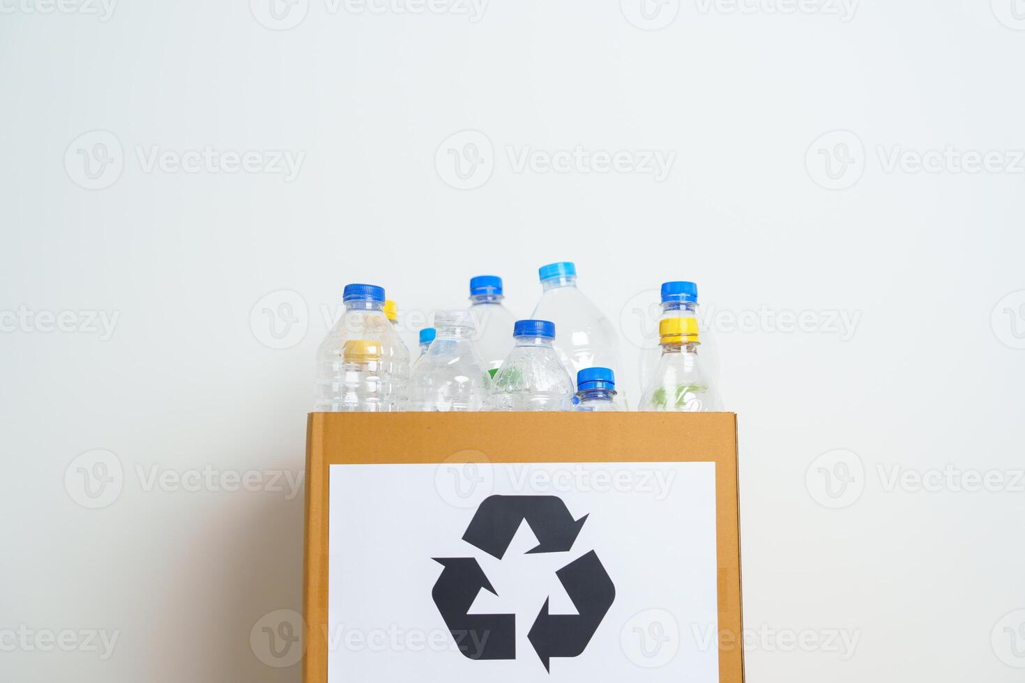Plastic bottle in paper box at home or office. Recycle garbage Sorting. Plastic Free, Ecology, Environmental, pollution, Dispose recycling, waste management and trash Separation concept photo