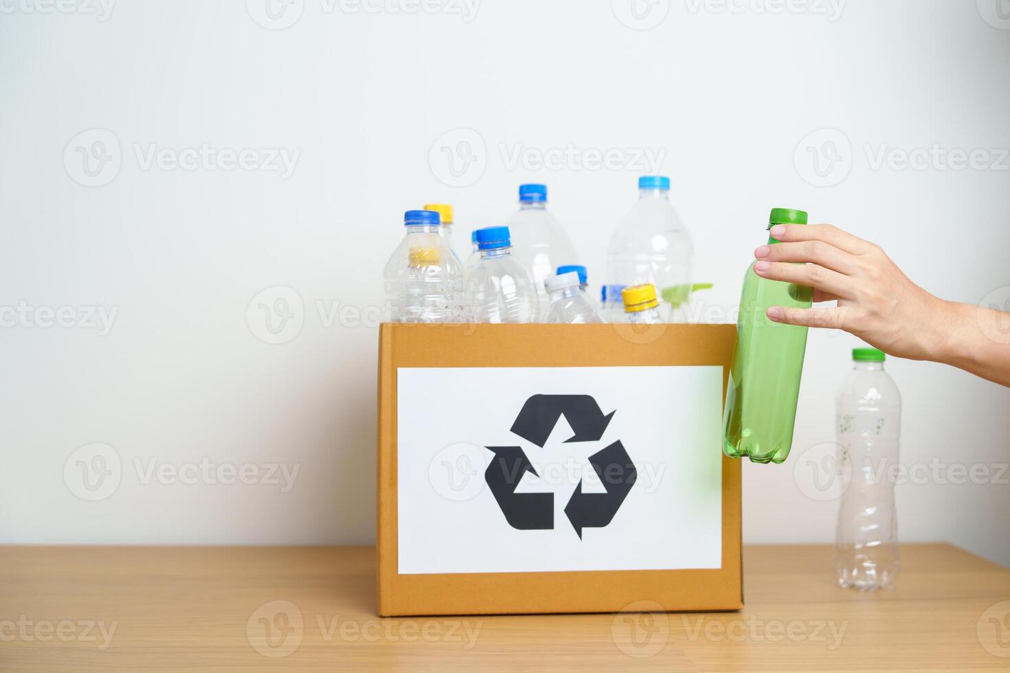Volunteer keep plastic bottle into paper box at home or office. Hand Sorting Recycle garbage. Ecology, Environmental, pollution, Dispose recycling, waste management and trash Separation concept photo