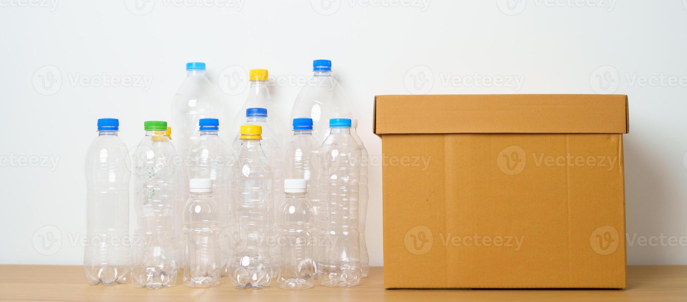 Plastic bottle in paper box at home or office. Recycle garbage Sorting. Plastic Free, Ecology, Environmental, pollution, Dispose recycling, waste management and trash Separation concept photo