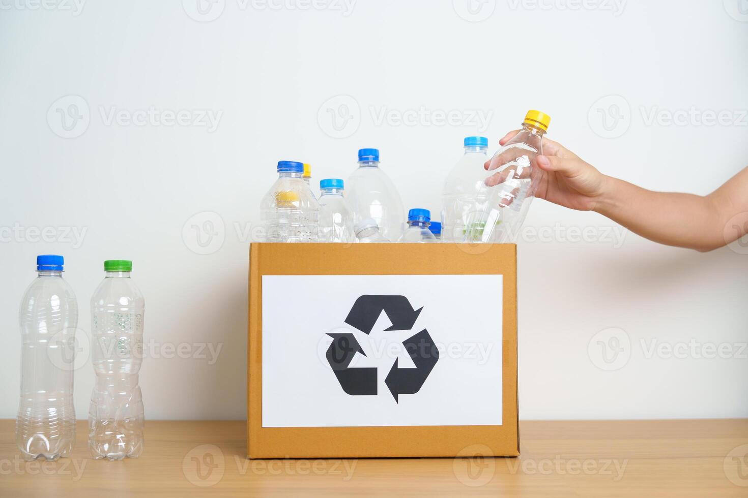 Volunteer keep plastic bottle into paper box at home or office. Hand Sorting Recycle garbage. Ecology, Environmental, pollution, Dispose recycling, waste management and trash Separation concept photo