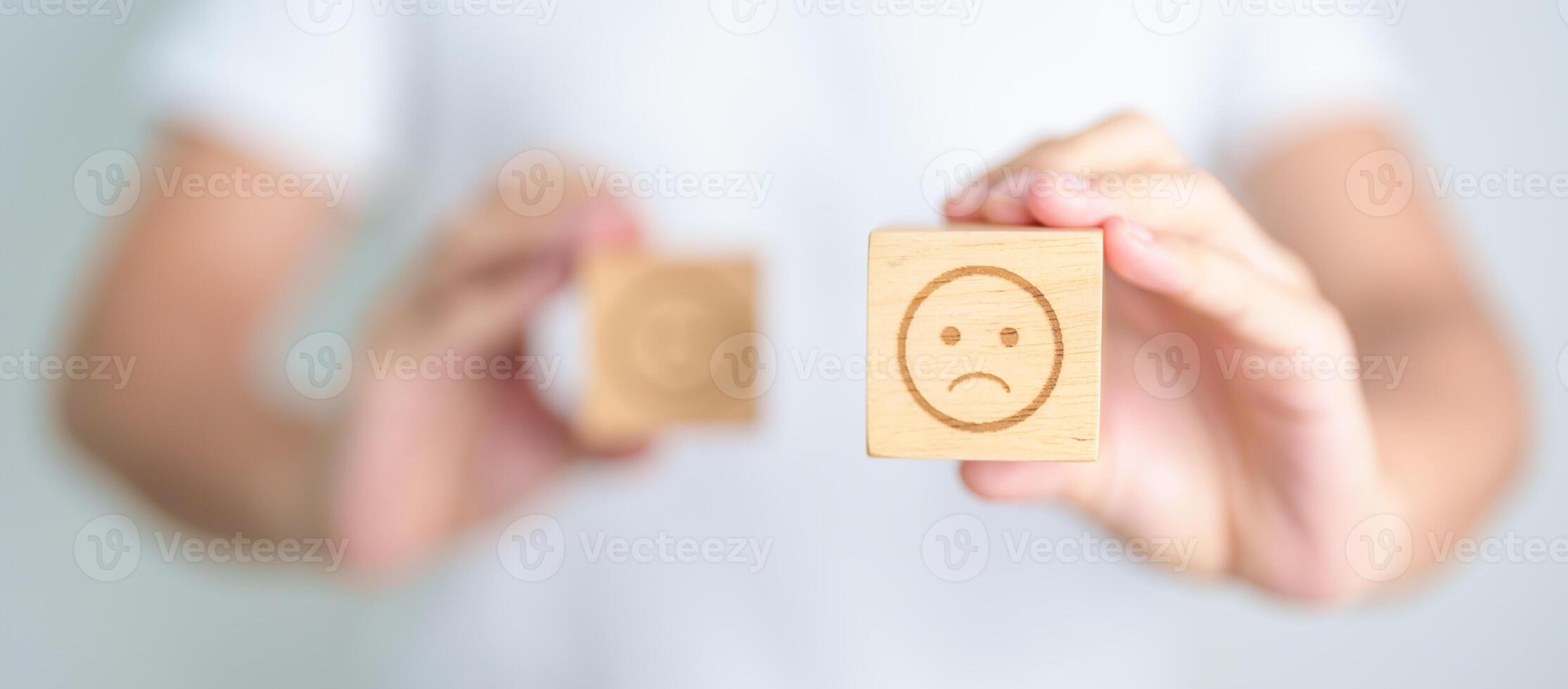 Woman show Unhappy Sad face block, Mental health Assessment, Psychology, Health Wellness, Feedback, Customer Review, Experience, Satisfaction Survey, Negative Thinking and World Mental Health day photo