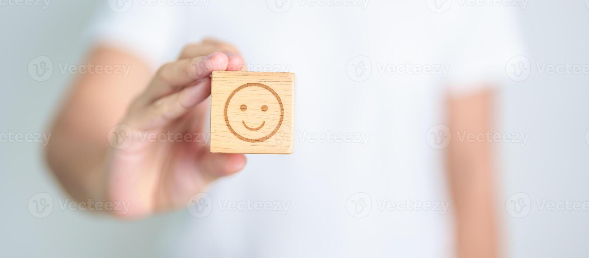 Woman show Happy Smile face block, Mental health Assessment, Psychology, Health Wellness, Feedback, Customer Review, Experience, Satisfaction Survey, Positive Thinking and World Mental Health day photo