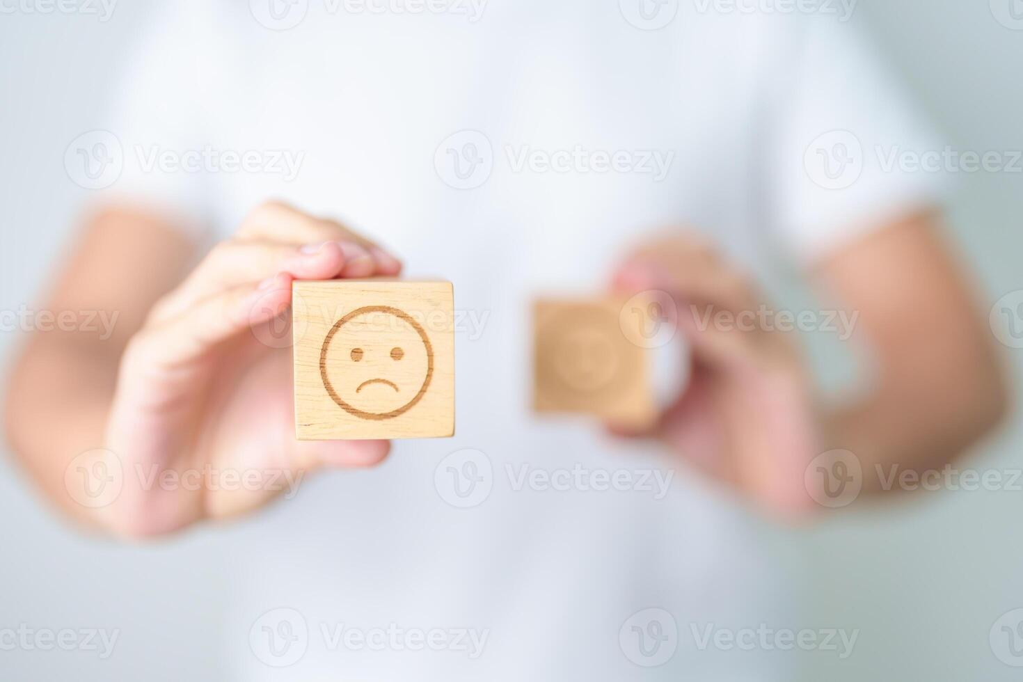 Woman show Unhappy Sad face block, Mental health Assessment, Psychology, Health Wellness, Feedback, Customer Review, Experience, Satisfaction Survey, Negative Thinking and World Mental Health day photo