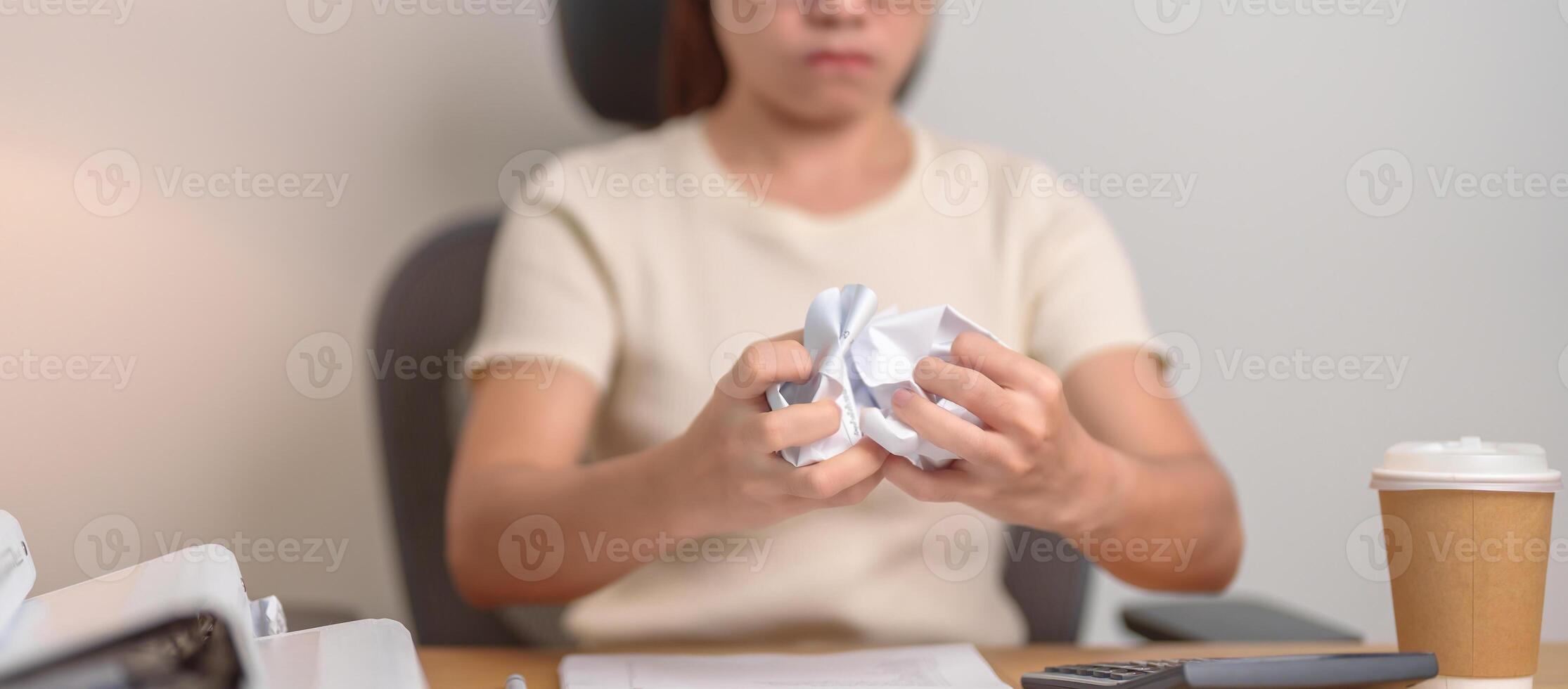 stressed Asian Woman with mistake paper, Tired female businesswoman working overload at office, Exhausted casual woman with documents folder stack at late night in home. Failure, Problem and business photo