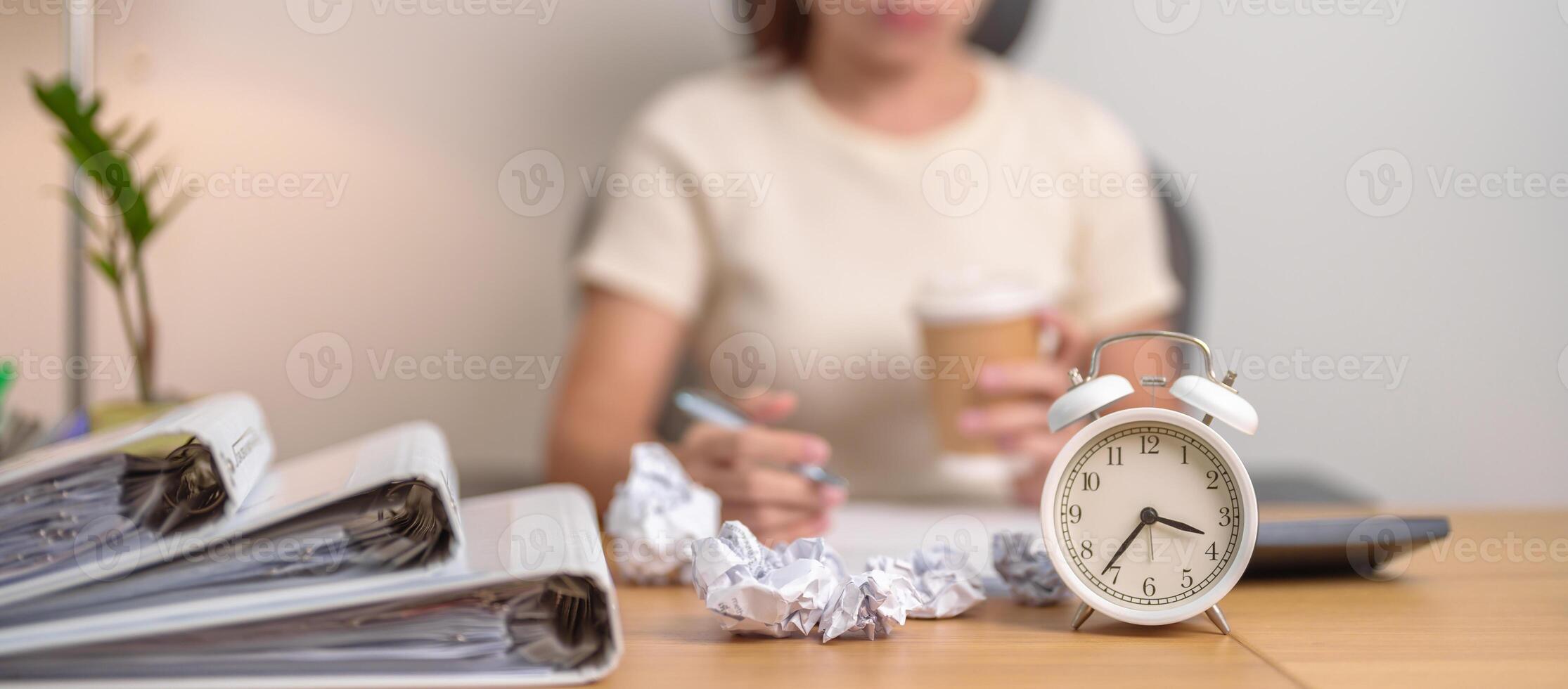 stressed Woman with mistake paper and clock, Tired female businesswoman working overload at office, Exhausted woman with document folder stack at late night in home. Failure, Problem and business photo