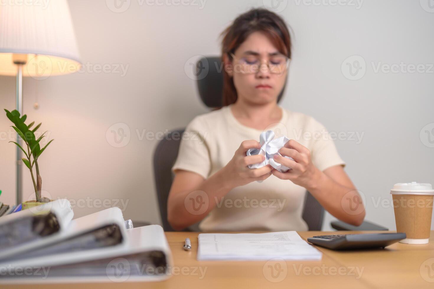stressed Asian Woman with mistake paper, Tired female businesswoman working overload at office, Exhausted casual woman with documents folder stack at late night in home. Failure, Problem and business photo