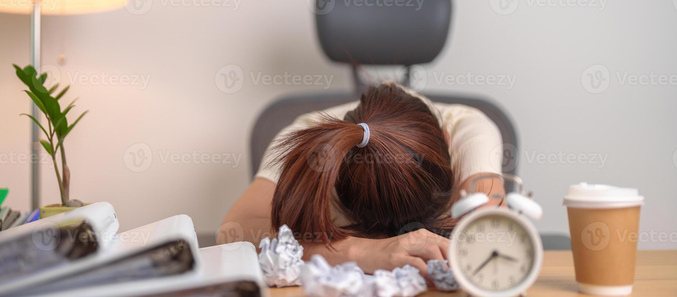 Stressed woman having Tired and Sleepy while working, female businesswoman having headache at office, Exhausted woman with documents folder stack and clock at home late night. Overworked and Overtime photo