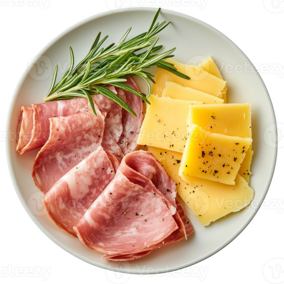 Delicious Ham Slices with Rosemary and Cheese on a Plate transparent background png