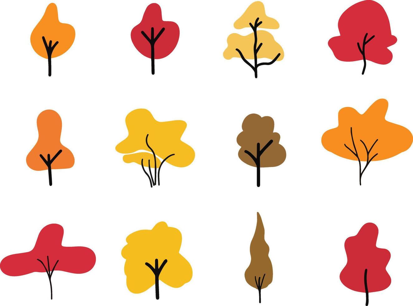Set of autumn tree flat illustration. Various autumn abstract stylized trees. Flat autumn fall tree icons collection vector
