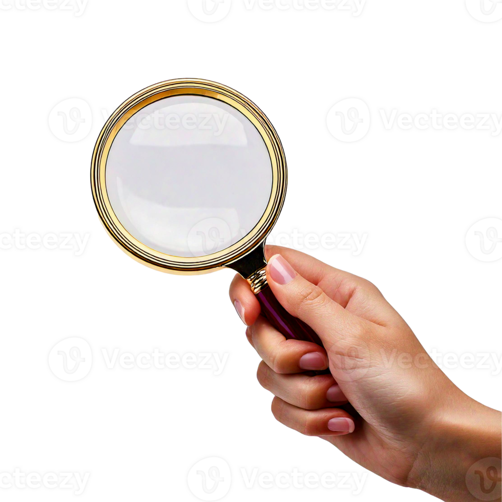 a person is holding a golden magnifying glass png
