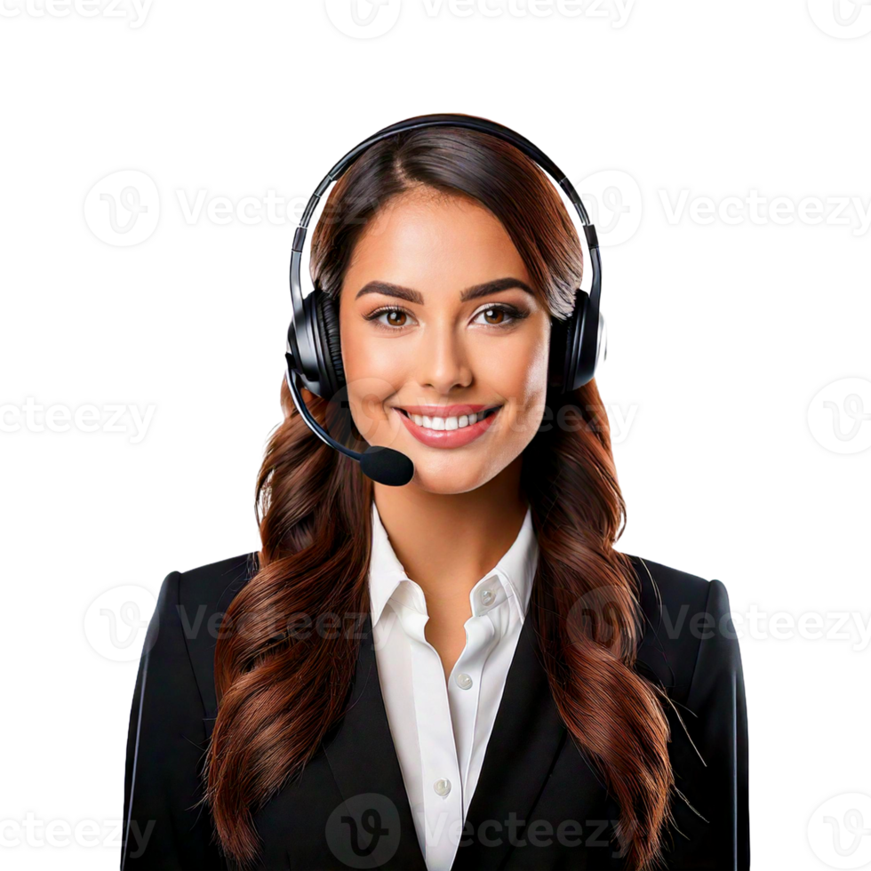 a woman wearing a headset with a microphone that says she is doing customer care png