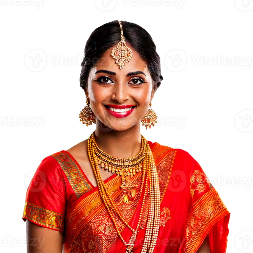 a woman in a red sari smiles for a photo. png