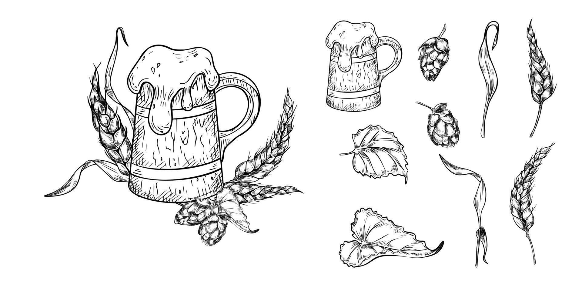 Tankard of beer and foam cap black white graphic illustration on white. Stein beer, wheat of ear, cone hops engraving. Wooden beer mug hand drawn in monochrome for design festival menu, label. vector