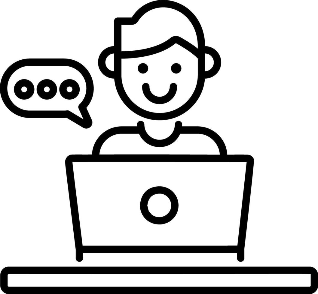 A person attending webinar on laptop, line style icon vector