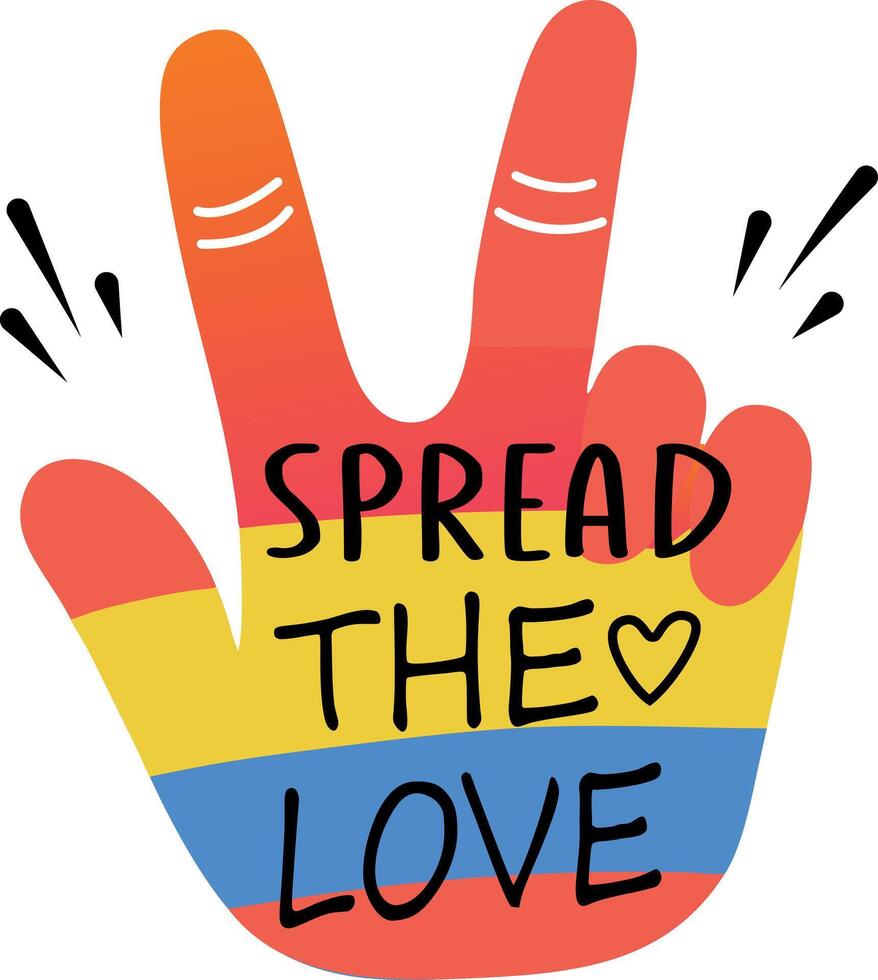 A flat sticker of a colourful hand making a peace sign with the text spread the love written on it vector