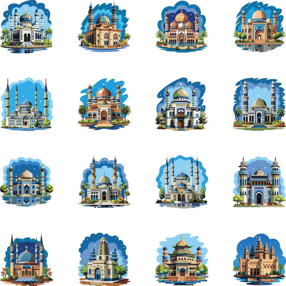Bundle of Muslim Mosques Flat Illustrations vector