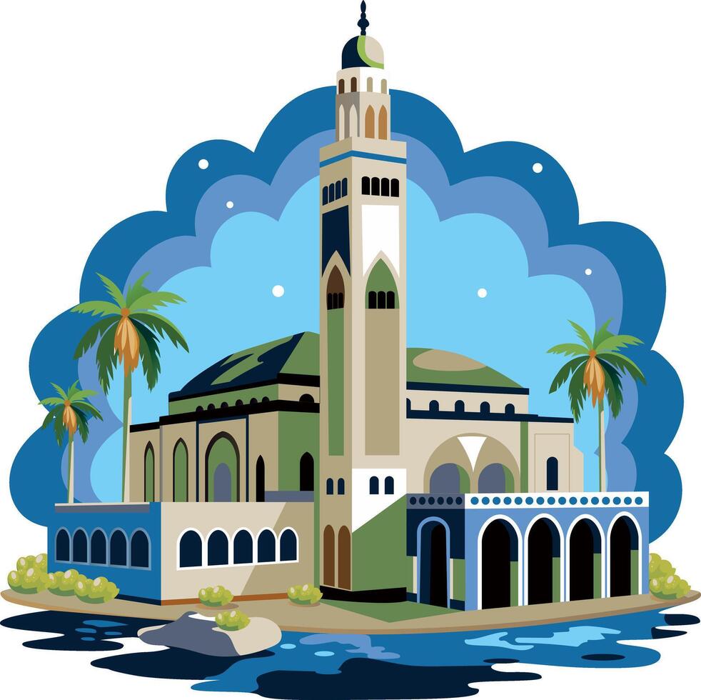 A flat illustration of famous moroccan hassan mosque vector