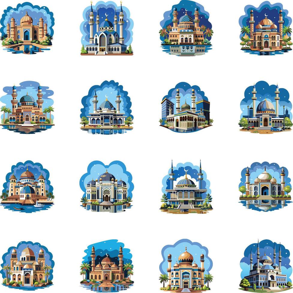 Collection of Mosque Architecture Flat Illustrations vector
