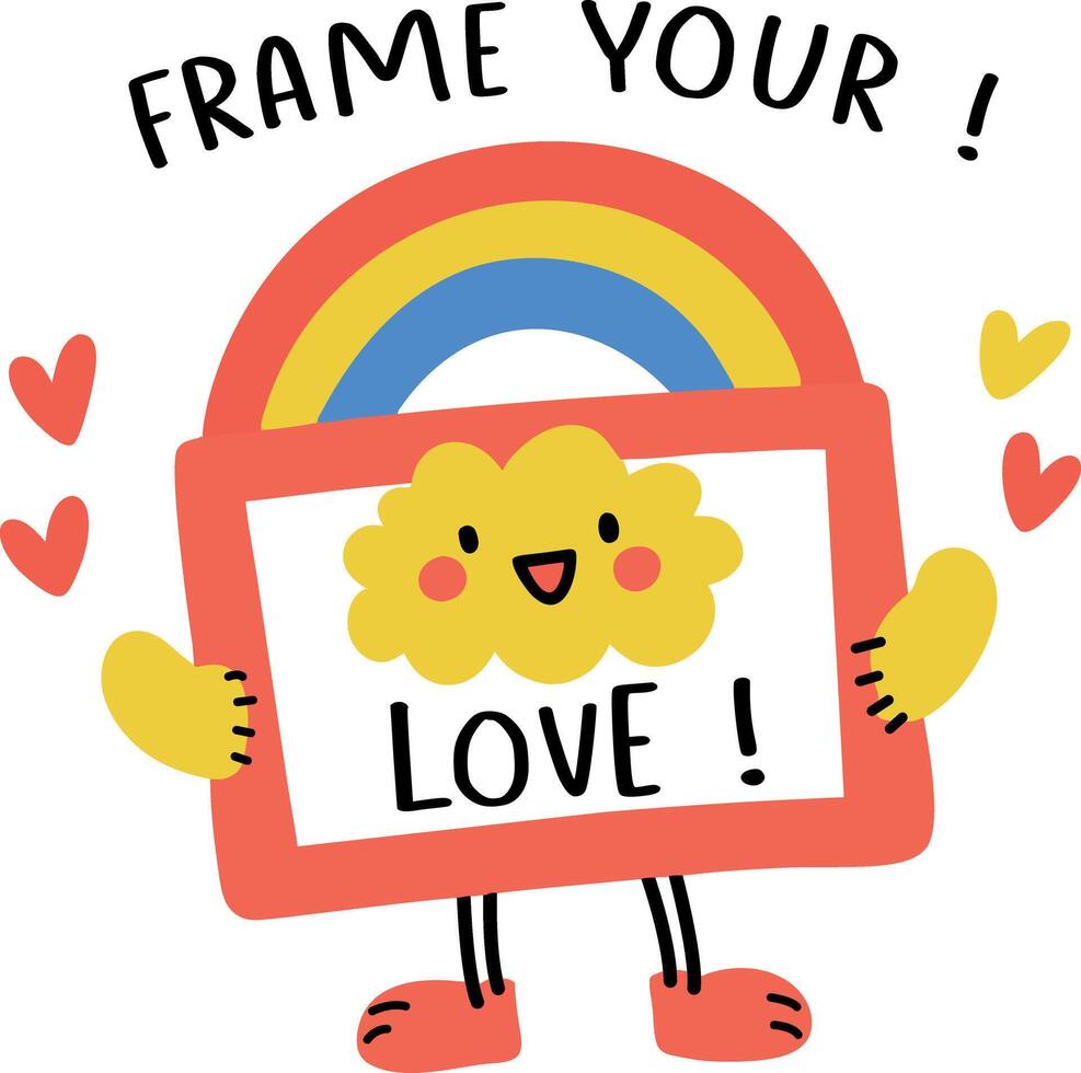 A flat sticker of a cute frame character holding a picture of a smiling cloud with the text love vector