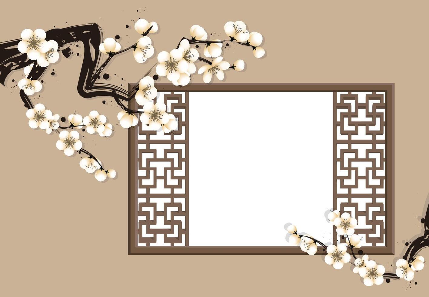 Chinese style window lattice square border white plum blossom background vector