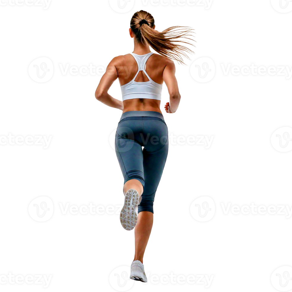 a woman running with a white tank top and blue pants. png