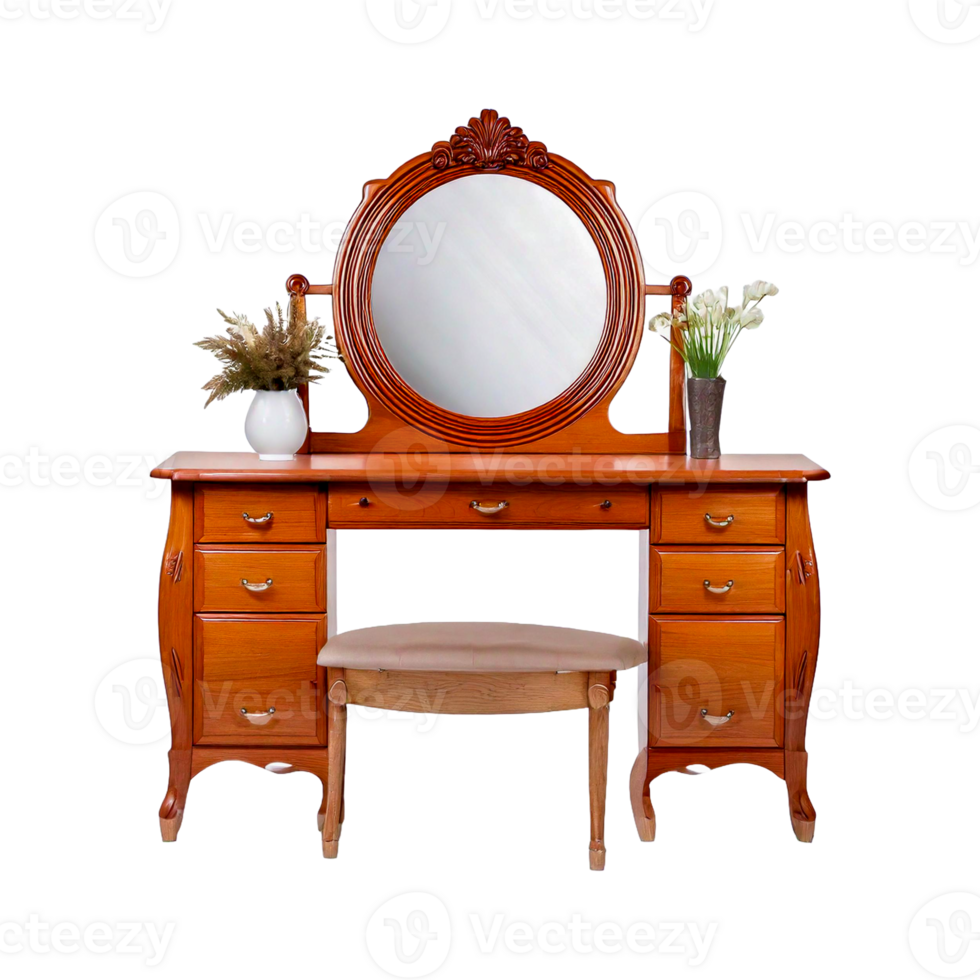 a wooden dressing table or desk with a mirror and a vase with flowers png