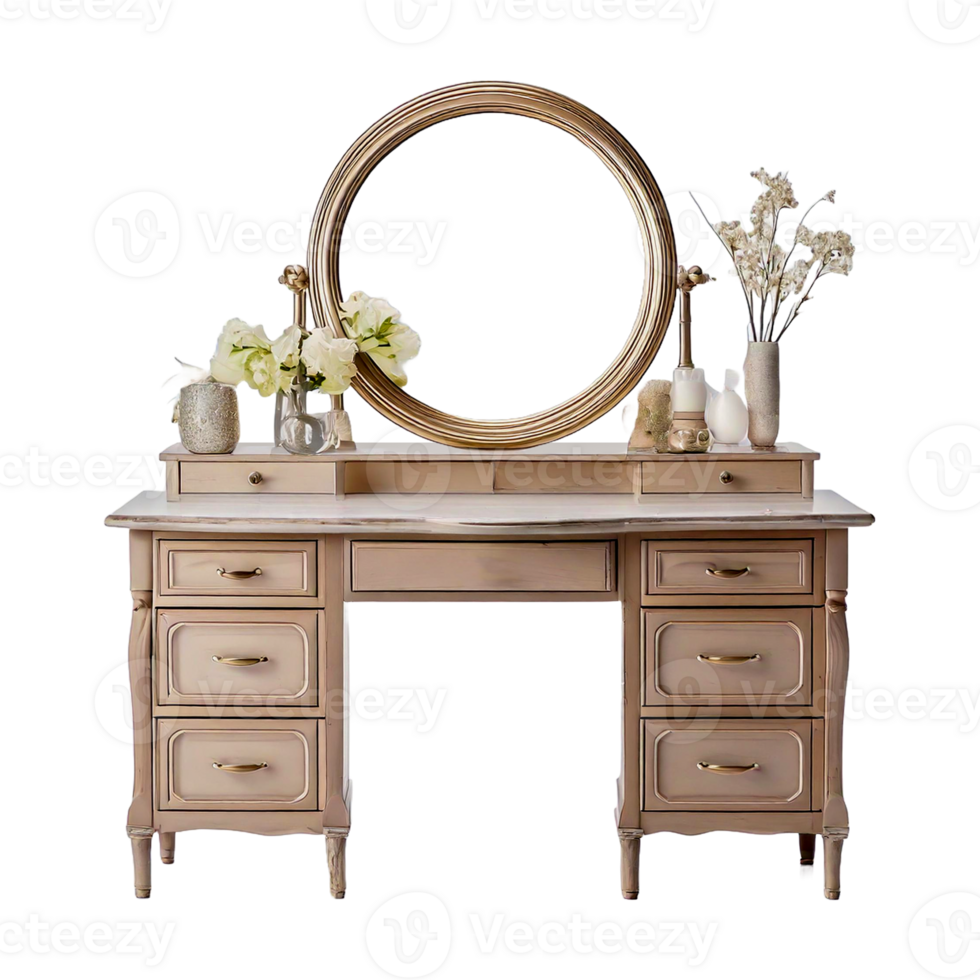 a wooden dressing table or desk with a mirror and a vase and flowers on it png
